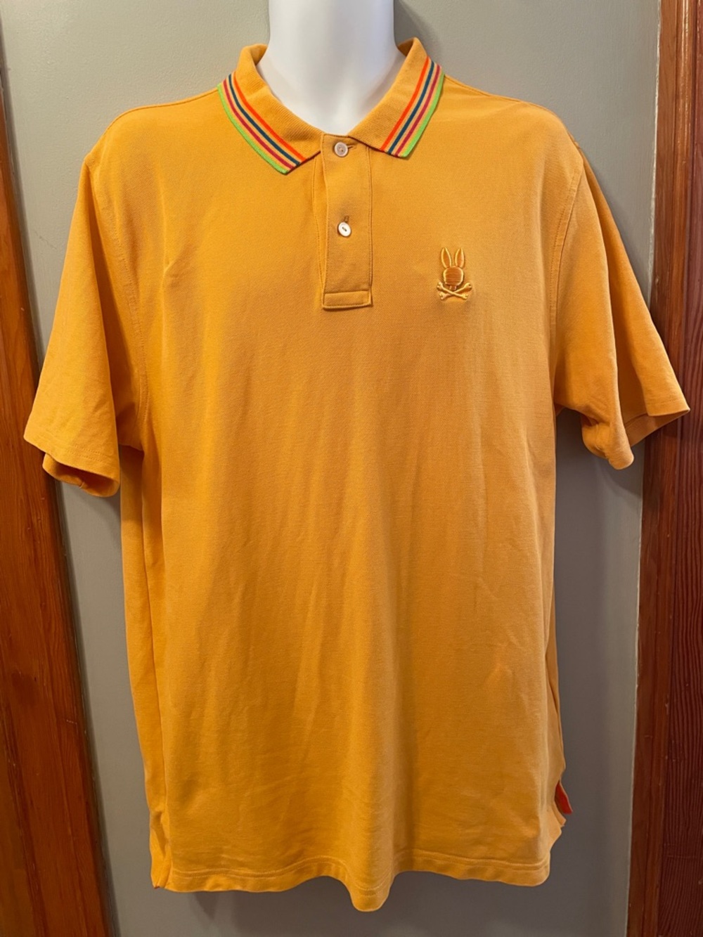 PSYCHO BUNNY Men's Golden Yellow/Orange Rainbow Striped Collar Urban Polo Shirt